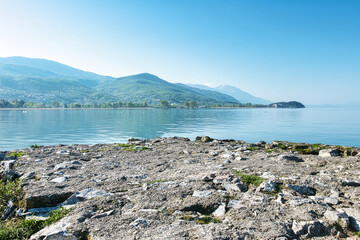 Lake Ohrid, North Macedonia, April 13 2024. Mountain range and peninsula in distance. Ohrid Lake,...