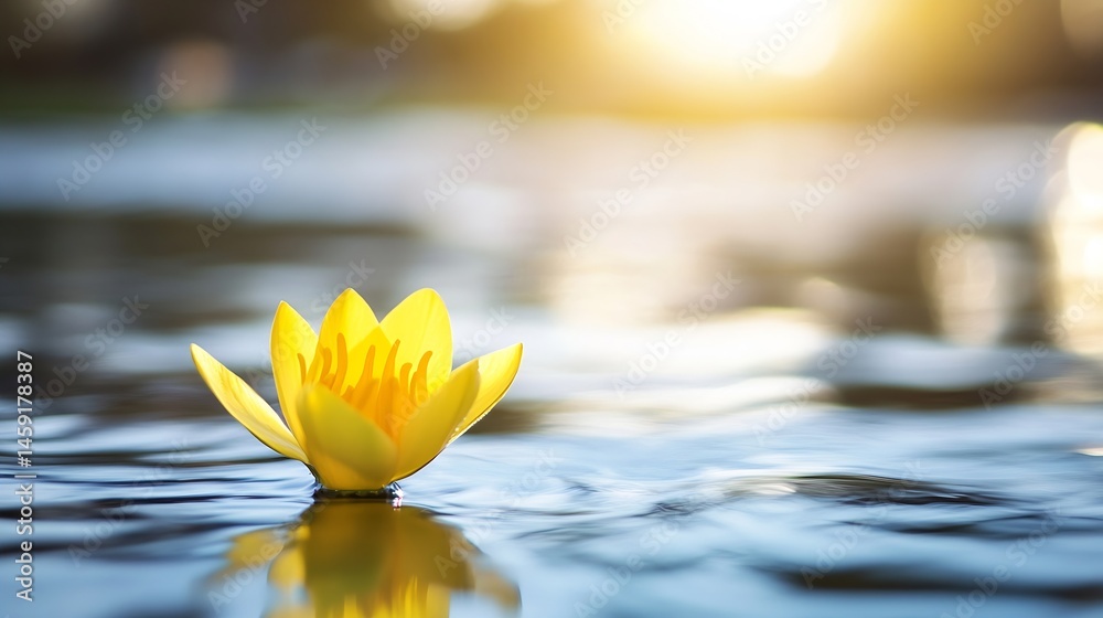 Aufkleber single yellow water lily floating serenely on calm water, bathed in warm sunlight, creating a peacef