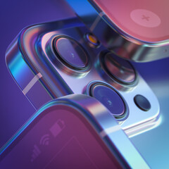 The modern iridescent smartphone camera module with three lens. Macro view with selective focus, 3d render