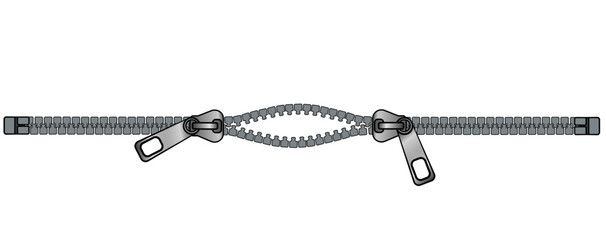 Horizontal zipper with two sliders, slightly ajar. Half-open zipper clasp - vector illustration.	