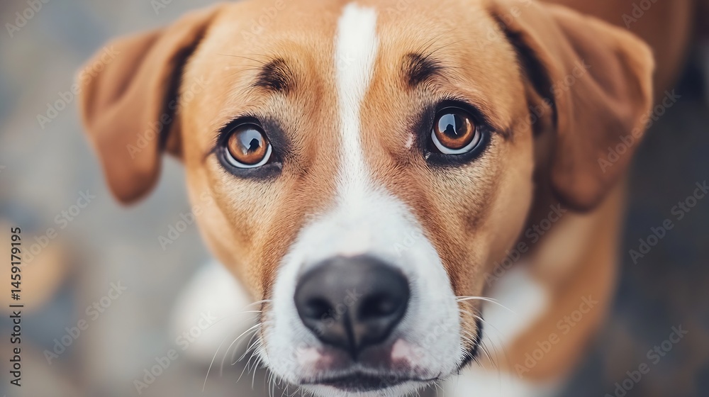 Poster close-up portrait of a young, brown and white dog looking directly at the camera with soulful eyes. 