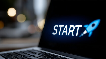 Innovative Business Concept for Startups with Laptop Displaying Dynamic Launch Graphic
