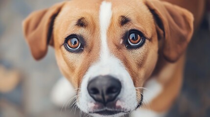 Close-up portrait of a young, brown and white dog looking directly at the camera with soulful eyes.  The dog's fur is soft and its expression is gentle and curious. : Generative AI