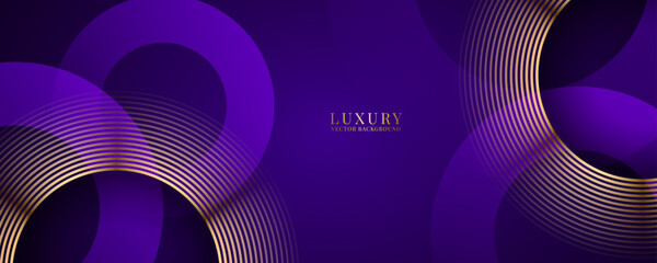 3D purple luxury abstract background overlap layer on dark space with golden circles lines decoration. Modern graphic design element cutout shape style concept for web, flyer, card or brochure cover