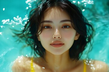 Gorgeous and hot happy asian young woman in yellow enjoying turquoise sea, splashes around her. Bright Ñommercial style. Happy young woman at the beach. Happy stress-free trip getaway concept.