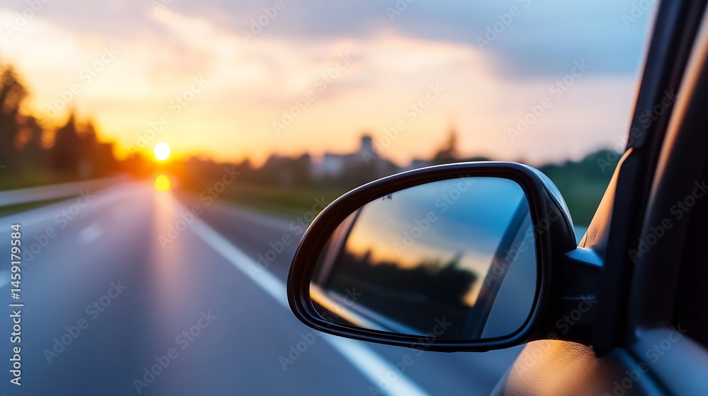Aufkleber close-up view of a car's side mirror reflecting a vibrant sunset over a highway, showcasing the warm