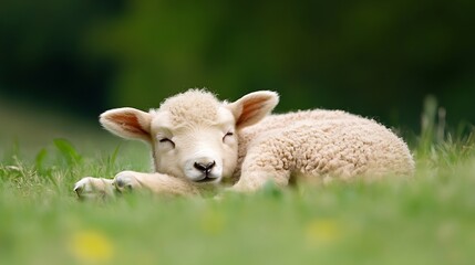 Obraz premium Adorable newborn lamb peacefully sleeping in a lush green pasture, eyes closed, soft wool, springtime scene. : Generative AI