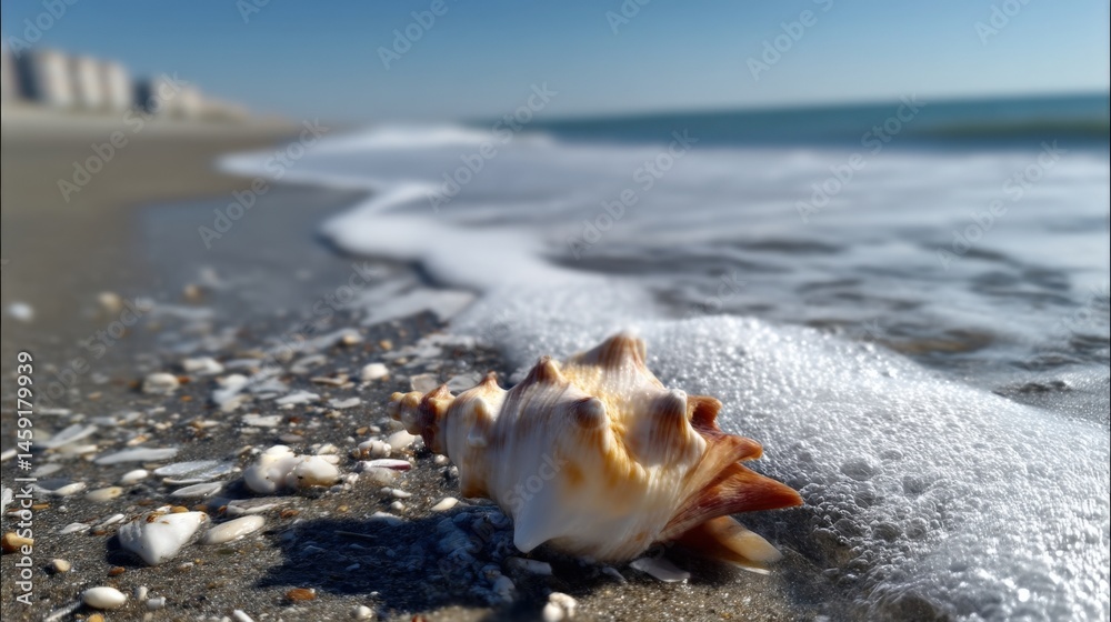 Poster Seashell on sandy beach with ocean wave foam, close-up view of a large seashell resting on wet sand near the ocean's edge.