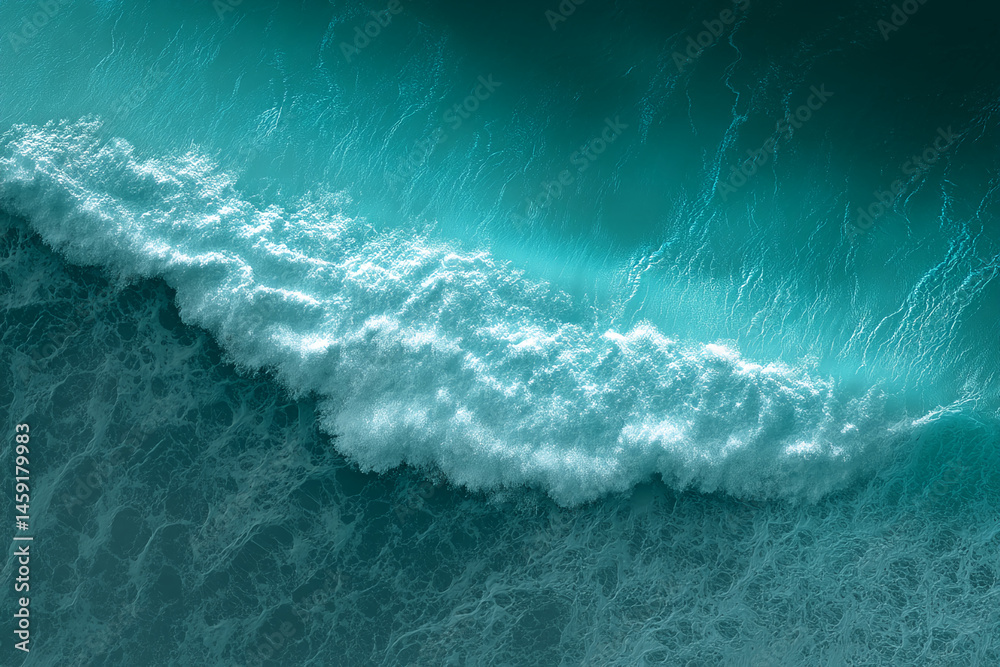 Poster Aerial view of turquoise ocean wave, white foam cresting, creating a dynamic texture, symbolizing power, nature, and serenity