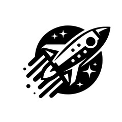 Retro Rocket Ship in Space, Black & White Vector Icon