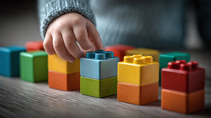 Childs Hand Building Colorful Plastic Blocks Toy Development Early Education Playtime Fun Bright Primary Colors Creative Construction Stacking Game