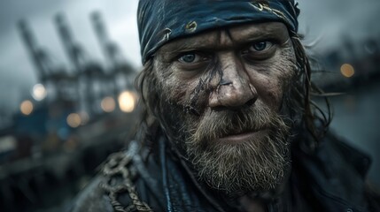 Obraz premium A rugged fisherman in navy attire stands on a trawler heading towards a desolate city