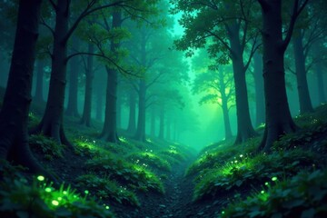 Fototapeta premium Enchanted Forest Path A Mystical Journey Through Glowing Flora and Tall Trees Under a Soft, Green Twilight