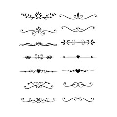 Obraz premium Text dividers doodle set. Wedding decorative elements. Divider ornament, borders, vintage line separators. Hand drawn vector illustration isolated on white background