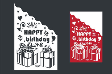 Paper cut out birthday card with gifts, fireworks and text