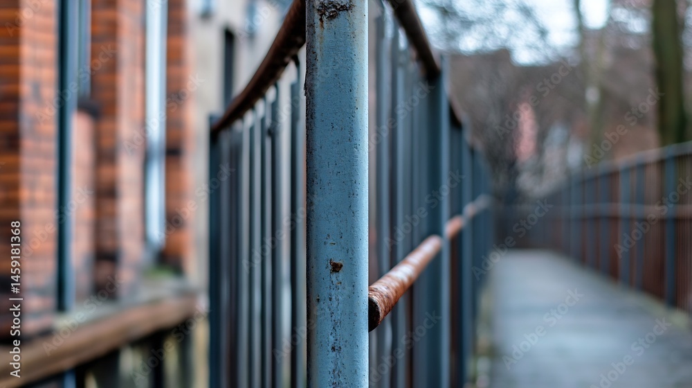 Poster Close-up view of a weathered, blue-painted metal railing, showing rust and texture, with a blurred background of brick buildings and trees. : Generative AI