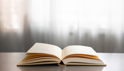 Fototapeta premium An open book on a clean table with soft natural light filtering through sheer curtains