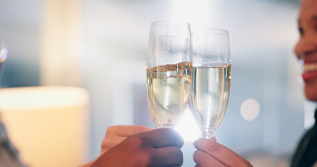 Hands, business people and champagne with toast in office for goals, success or celebration for profit. Team, partnership and cheers with sparkling wine for winning, achievement or party at agency