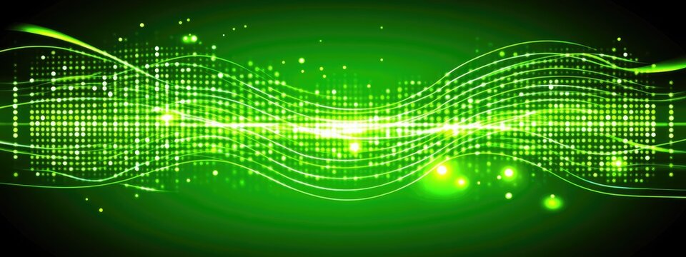 Abstract glowing green waves with a grid pattern