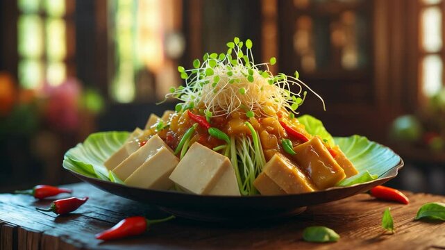 Acar Tahu consists of tofu, cabbage, sprouts, and other vegetables topped with a sour sauce made from brown sugar, vinegar, and chilies.