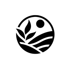 Minimalist Nature Logo: Leaves, Sun, Landscape, Black & White