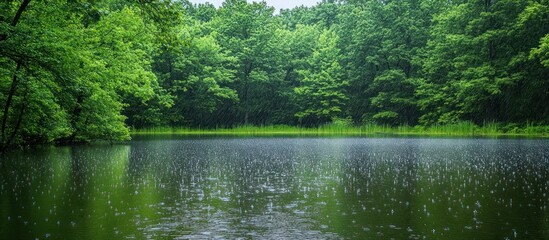 A serene lake in a lush forest during a gentle rain.