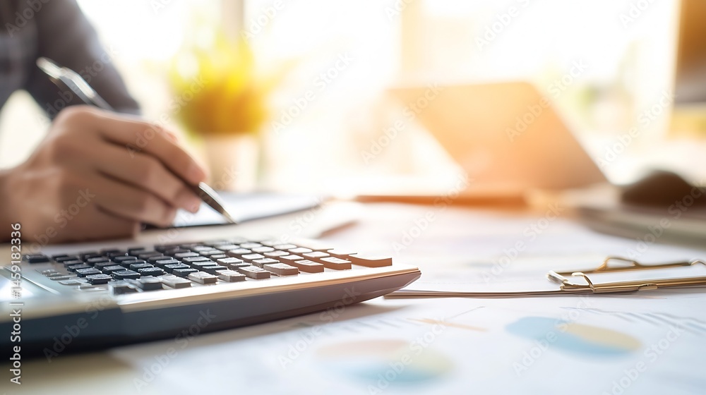 Poster close-up of a person's hands using a calculator and pen, working on financial documents at a desk. s
