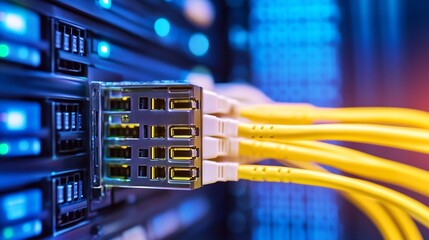 Close-up of fiber optic cables connected to a server rack, showcasing the intricate network infrastructure and data transfer technology. : Generative AI