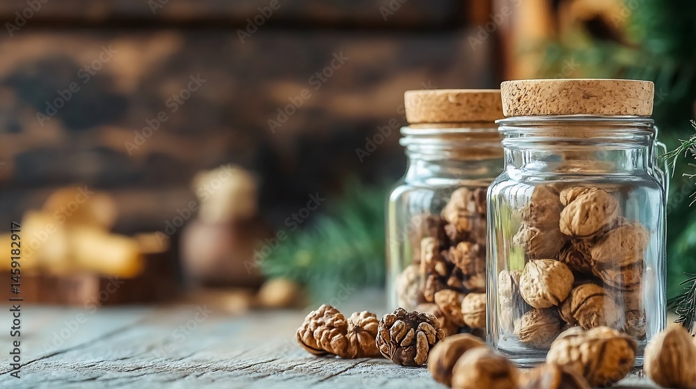 Aufkleber two glass jars filled with walnuts sit on a rustic wooden table, next to a pine branch. the backgrou