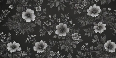 Elegant charcoal floral wallpaper, tiny blooms & leaves, seamless,  floral pattern,  nature