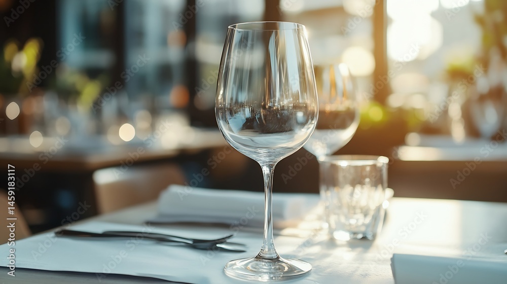 Aufkleber empty wine glass on a table set for a meal at a restaurant, sunlight streaming through a window in t