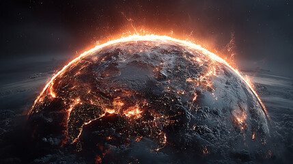 Dramatic cosmic view of a planet engulfed in fiery energy with dark space background and artistic rendering of a global cataclysm