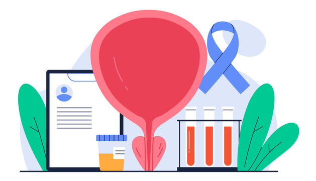 Prostate cancer awareness concept. Male genitourinary system medical equipment. Men healthcare, prostatitis treatment. Isolated vector illustration in cartoon style
