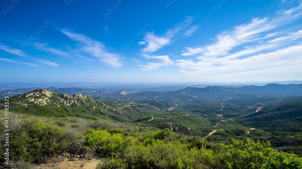 Poster panoramic view of a mountain range, showing rolling hills, lush green vegetation, and a clear blue s