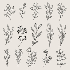 Minimalist hand drawn botanical lineart set, tiny flower tattoo design, floral element ilustration, suitable for invitation design, label, tattoo, and manymore