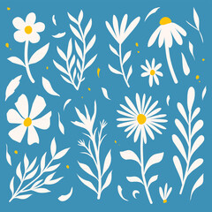 Minimalist hand drawn botanical silhouette, white flower on blue background, floral element ilustration