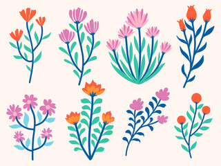 Bright and vibrant floral illustrations with a mix of flowers and leaves, perfect for summer and spring themed designs. Ideal for invitations, cards, and nature-inspired projects and manymore	