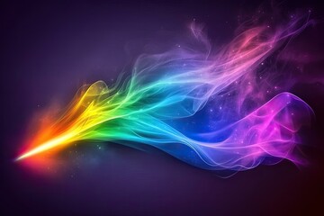 Colorful ethereal smoke trails, vibrant hues of the rainbow, dynamic movement, and glowing particles against a dark background