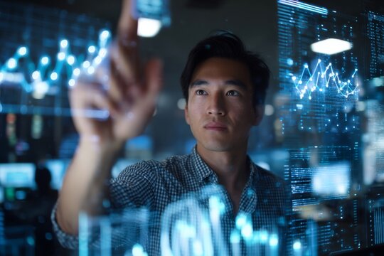 An Asian business analyst pointing at transparent digital graphs floating in air, surrounded by data streams, AI-powered workspace, cyberpunk business tech vibe