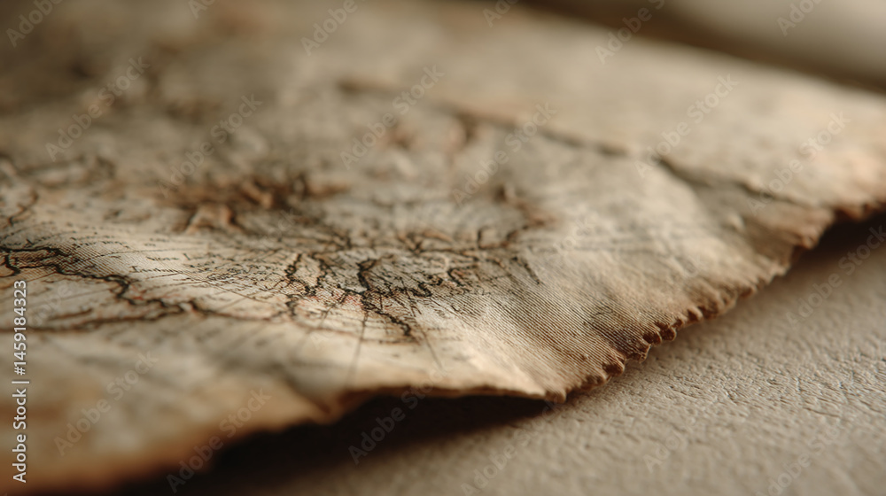 Poster close-up of aged paper map texture, showing detail of worn edges and ink markings, symbolizing histo