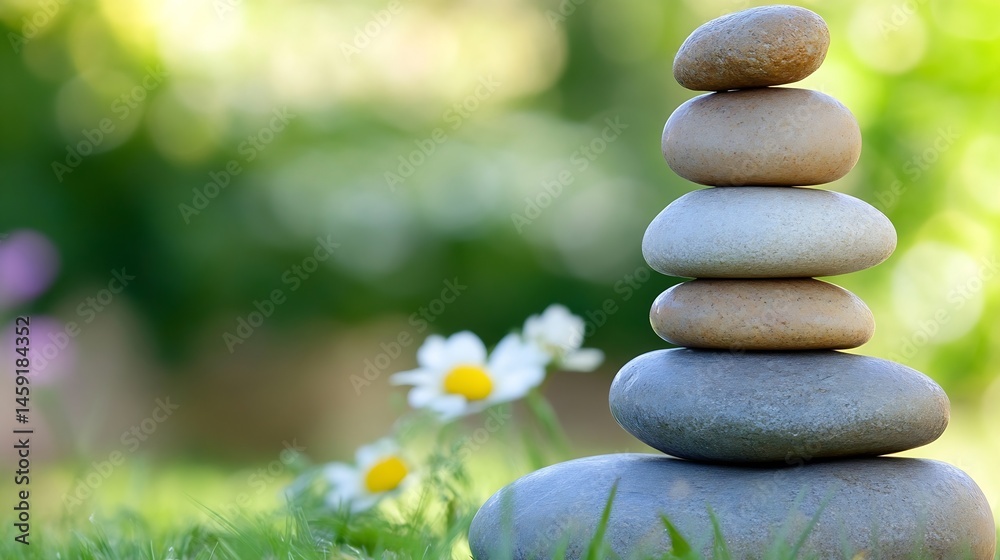 Aufkleber serene stack of stones in a lush green garden, a peaceful and balanced scene with daisies in soft fo