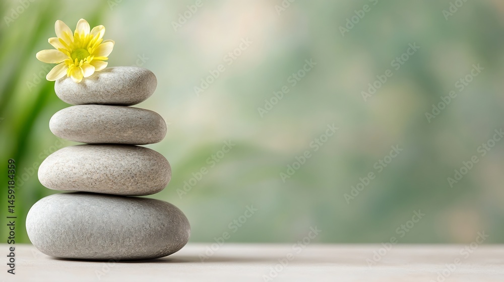 Poster serene stack of grey stones topped with a yellow flower against a soft green background, representin