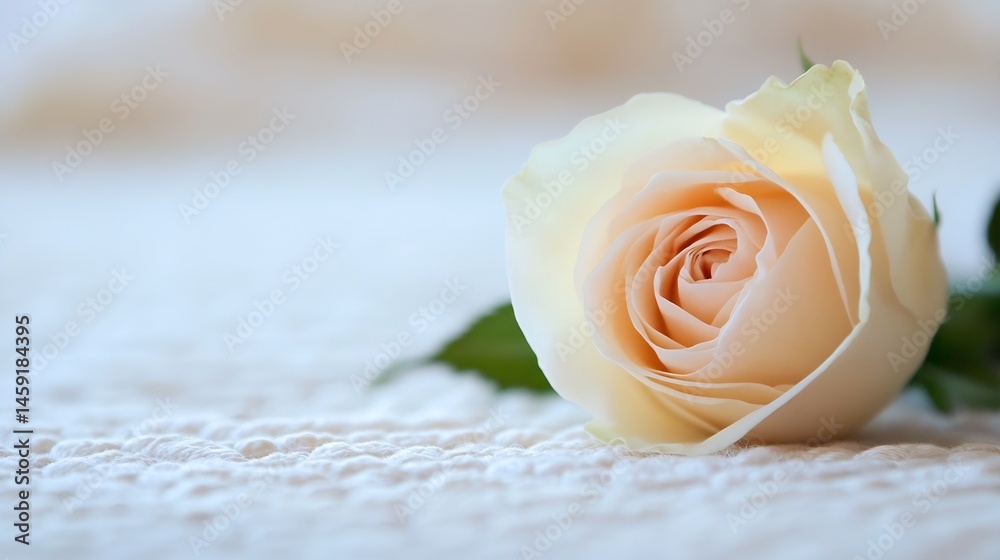 Aufkleber close-up of a single, pale peach rose resting gently on a soft, textured white fabric. the delicate 
