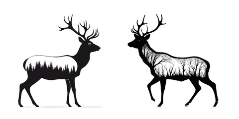 Two black deer with forest and trees silhouettes on a white background