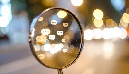 Magnifying Glass Reflecting City Lights and Communication Bubbles Abstract Concept