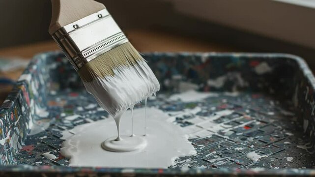 Close-up of a professional paintbrush dripping white paint into a colorful tray, showcasing the artistry involved in home renovation and creative projects.