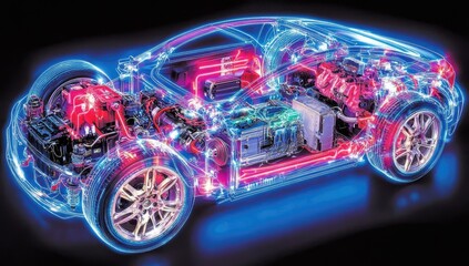 Detailed illustration of a car's internal components, highlighted by vibrant neon lines.  Engine, transmission, wiring, and other parts are clearly visible