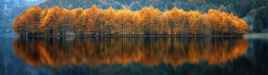 A stunning autumn scene: golden trees perfectly mirrored in a calm lake, creating a peaceful, breathtaking view.