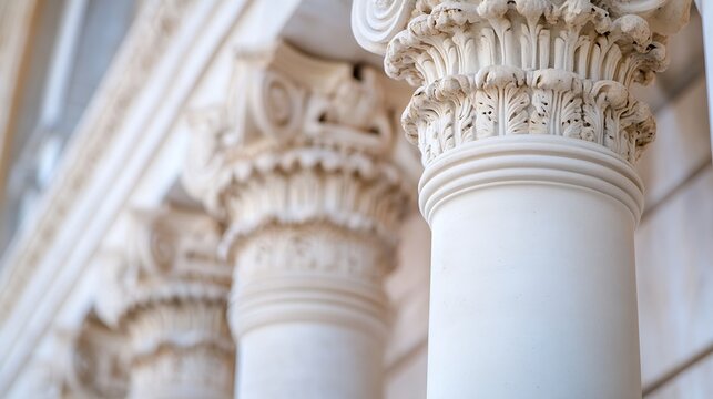 Close-up of ornate, white classical column capital, detailed carvings, architectural, building facade, ionic order, sunlight, historical, greece, roman, europe, elegant, symmetry, ston : Generative AI
