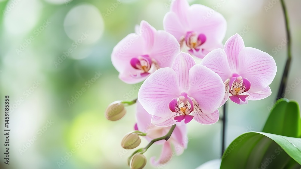 Poster close-up of delicate pink phalaenopsis orchids blooming, showcasing intricate petal details and vibr